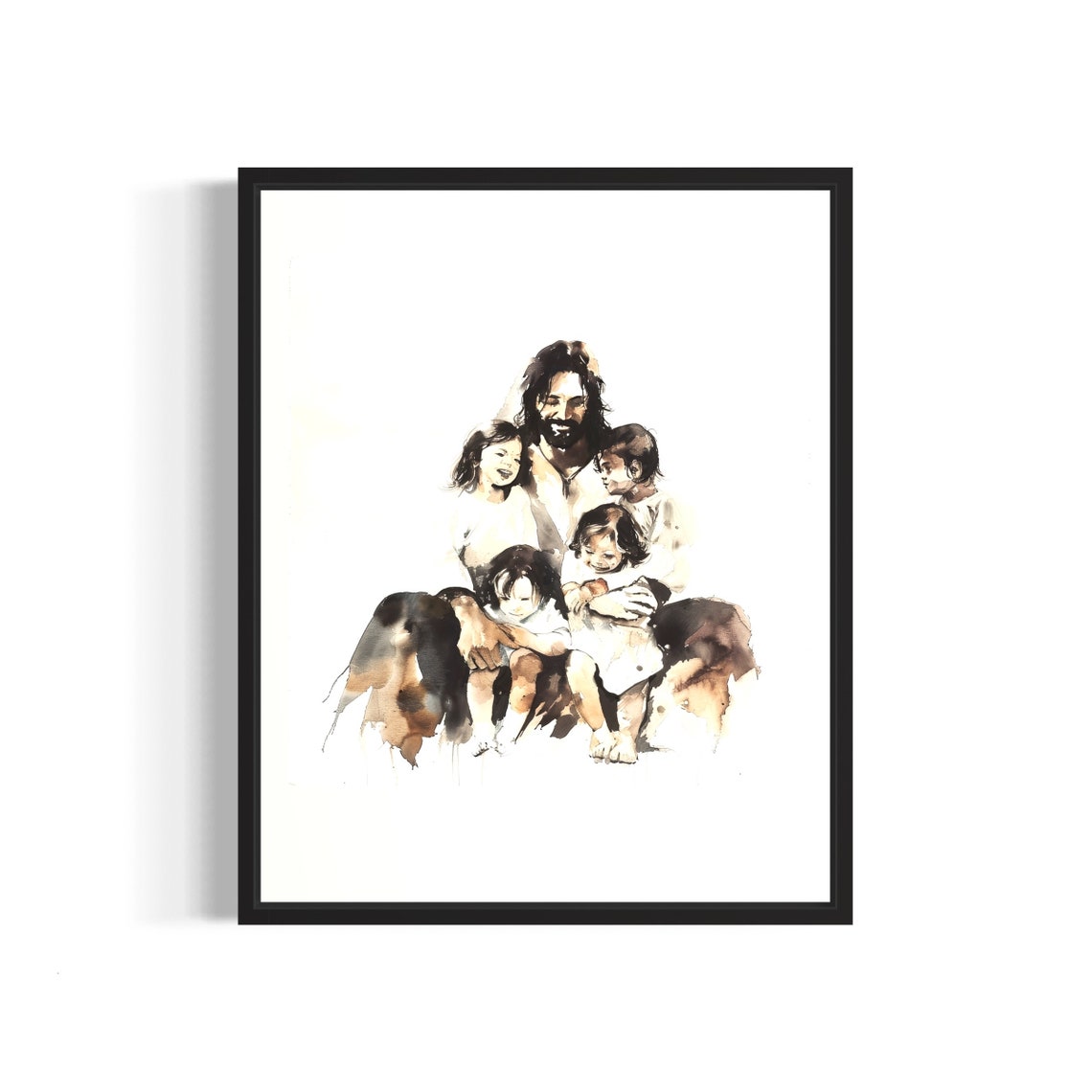 Heartwarming Jesus Seated Among Four Children Watercolor Poster