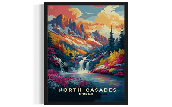 North Cascades National Park Waterfall and Peaks Vintage Travel Poster