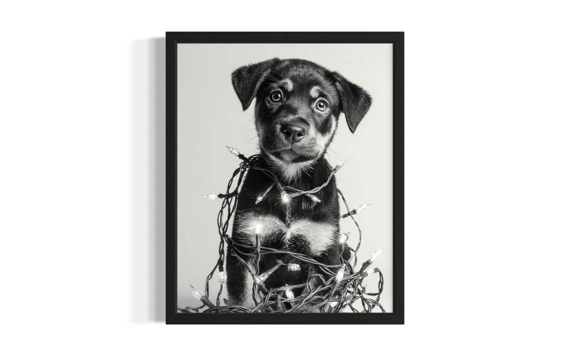 Sweet Rottweiler Puppy Tangled In Glowing Christmas Lights Poster