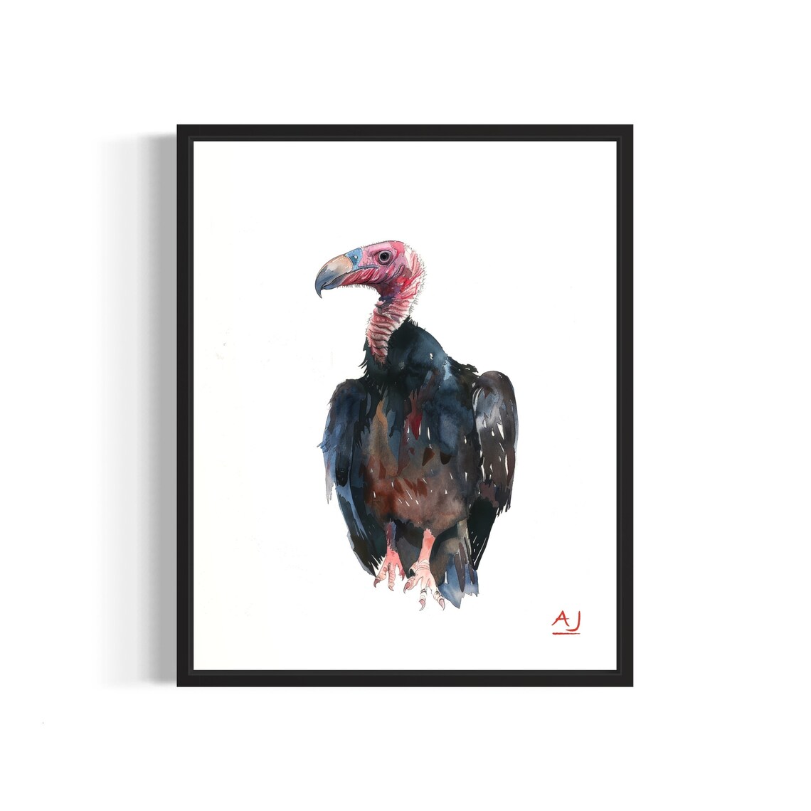 Striking Vulture with Pink Bald Head Watercolor Bird Art Poster