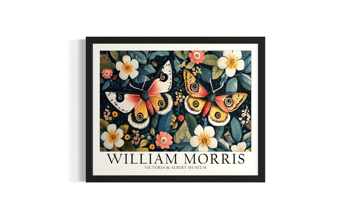 Two Colorful Moths Among White Blossoms William Morris Style Art Poster