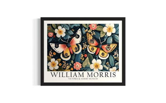 Two Colorful Moths Among White Blossoms William Morris Style Art Poster