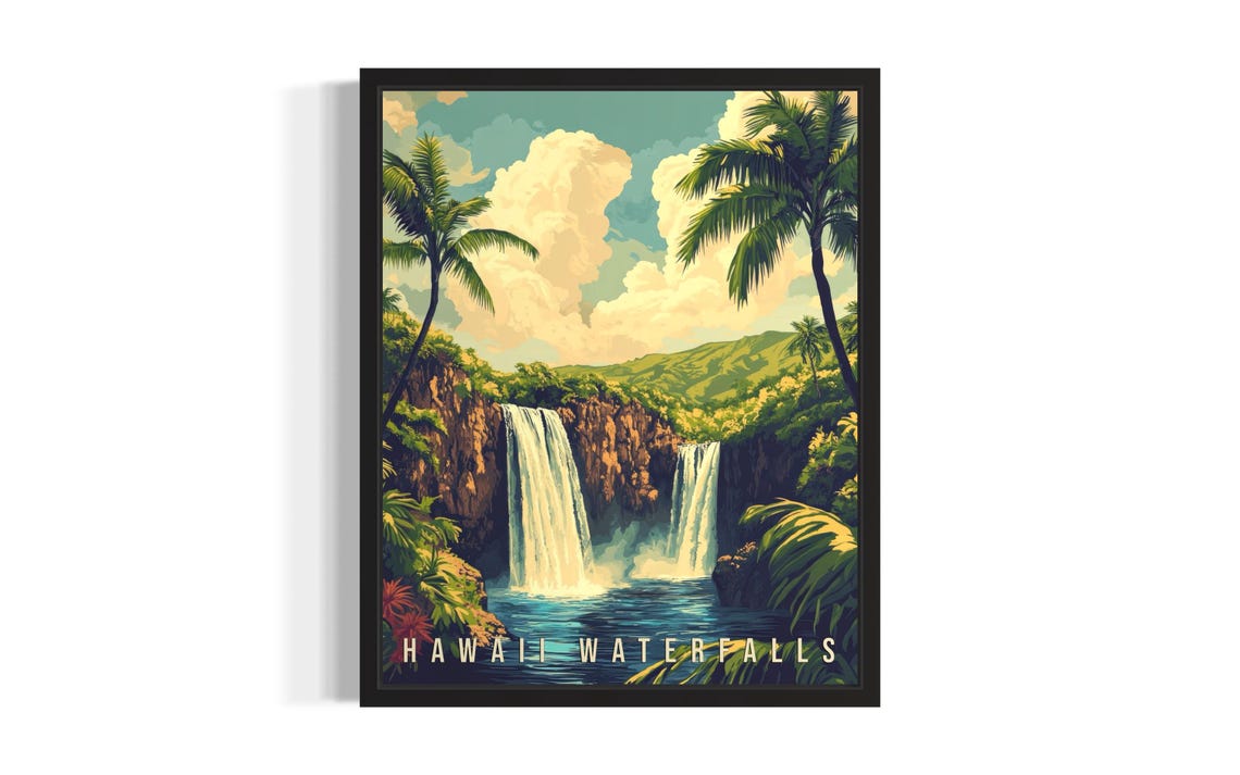 Hawaii Waterfalls Twin Falls Palm Trees Tropical Travel Poster