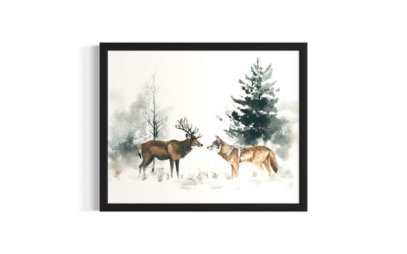 Deer And Wolf Animal In Harmony Forest Wildlife Poster Art Print Living Room Wall Original Painting Artwork Decor
