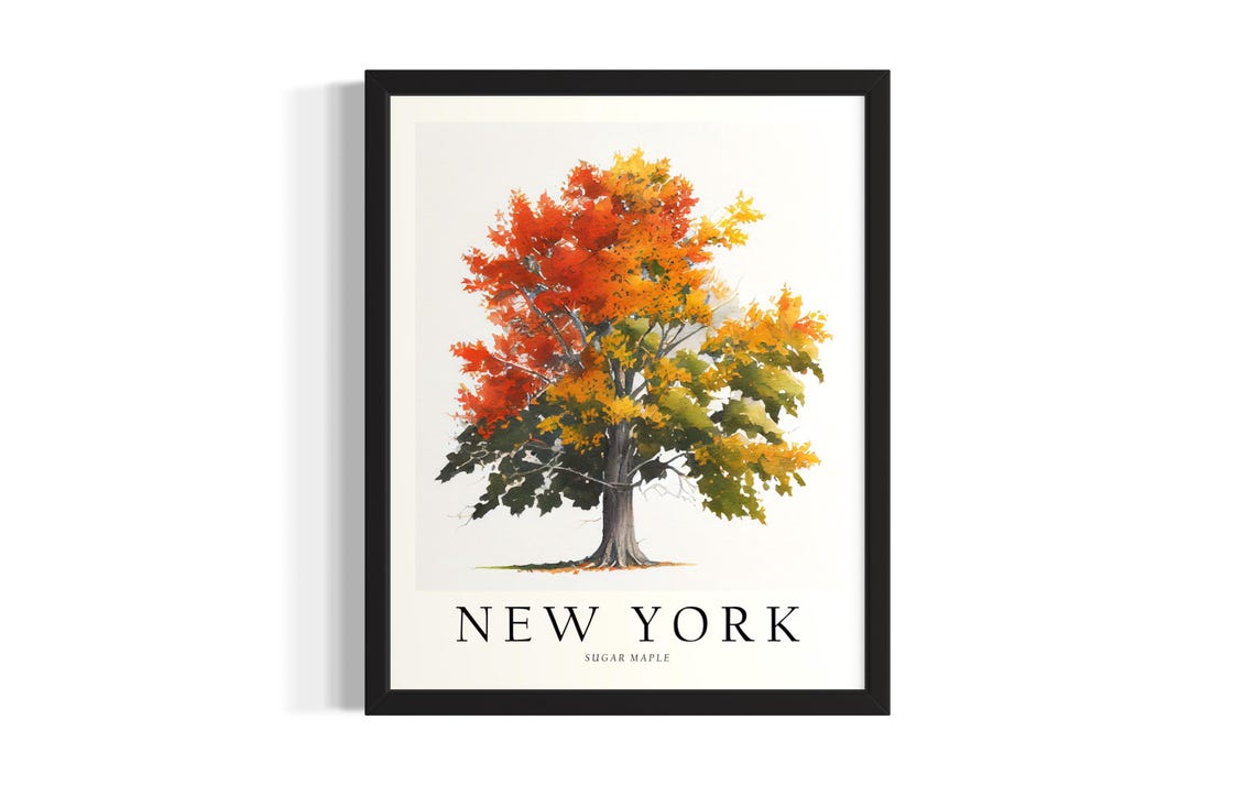 New York Sugar Maple Tree Fall Foliage Watercolor Art Poster