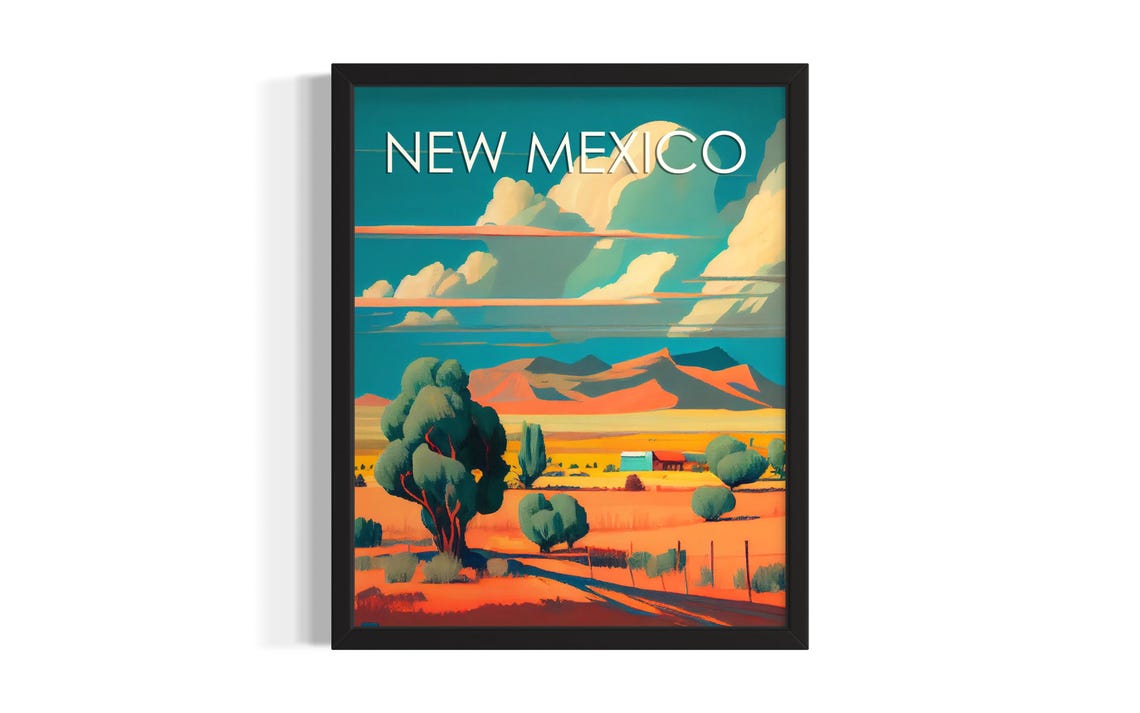New Mexico Desert Ranch Scene with Big Clouds Retro Travel Poster