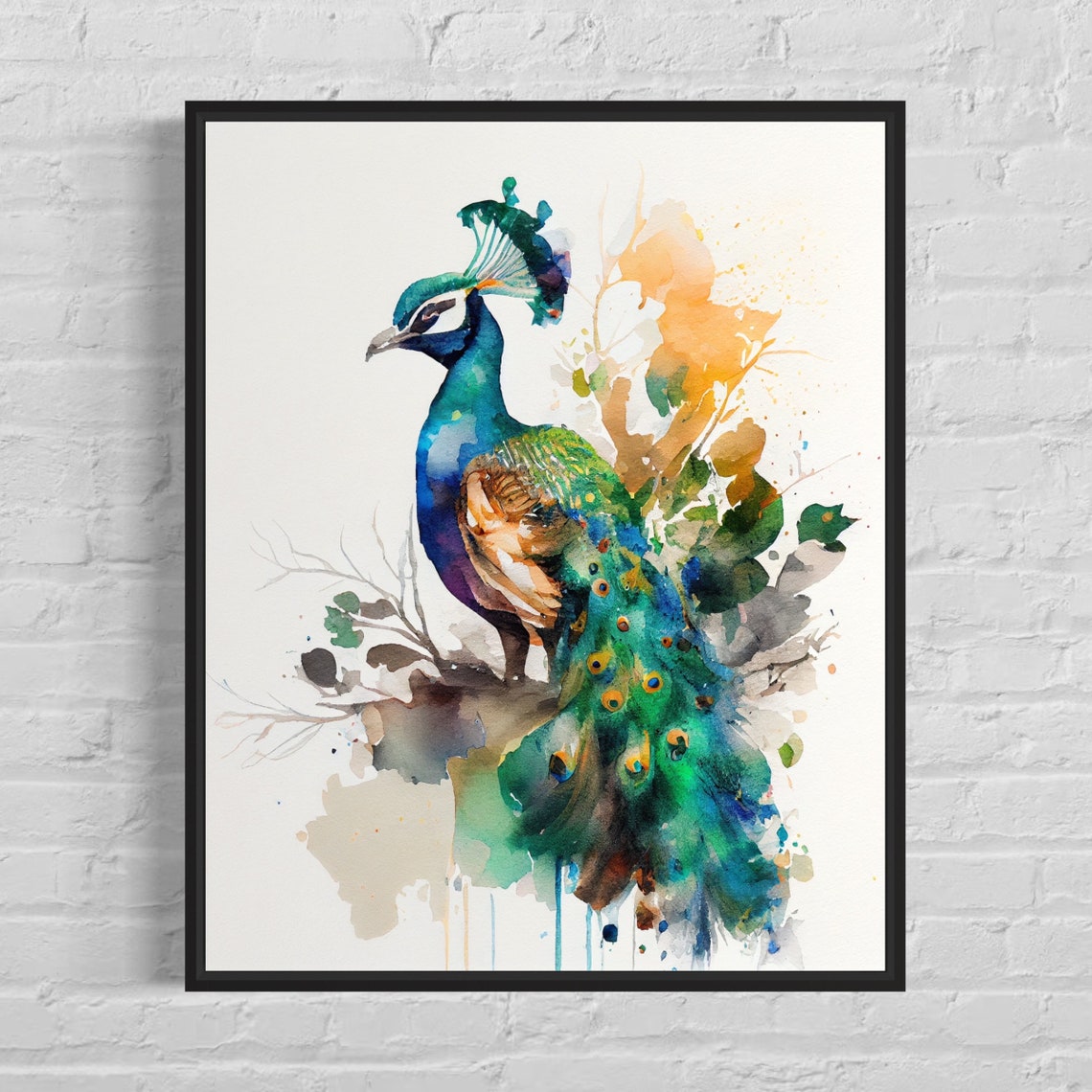 Blue Peacock Displaying Full Iridescent Tail Watercolor Art Print