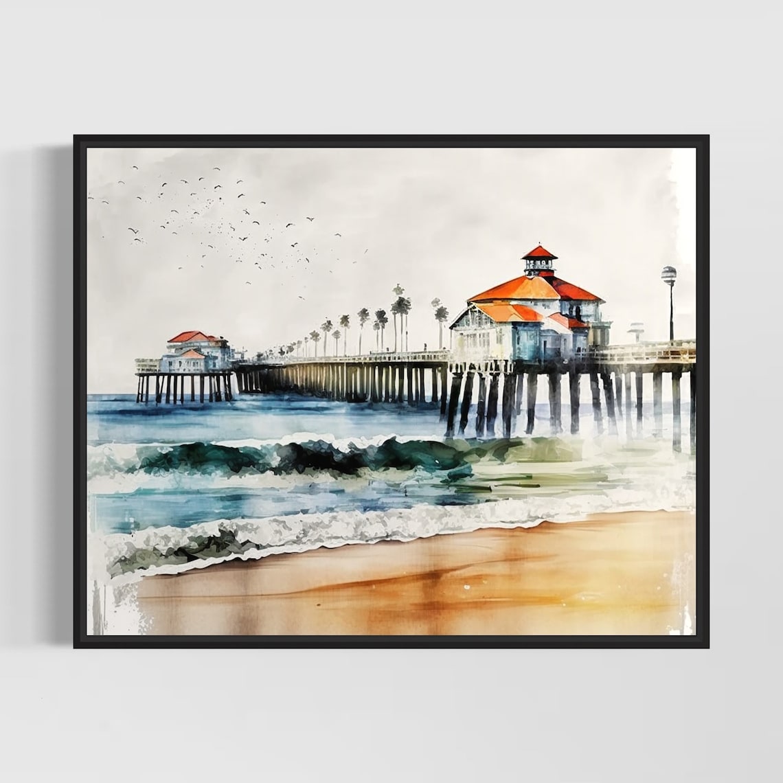 Huntington Beach Pier Crashing Waves Watercolor Travel Art Poster