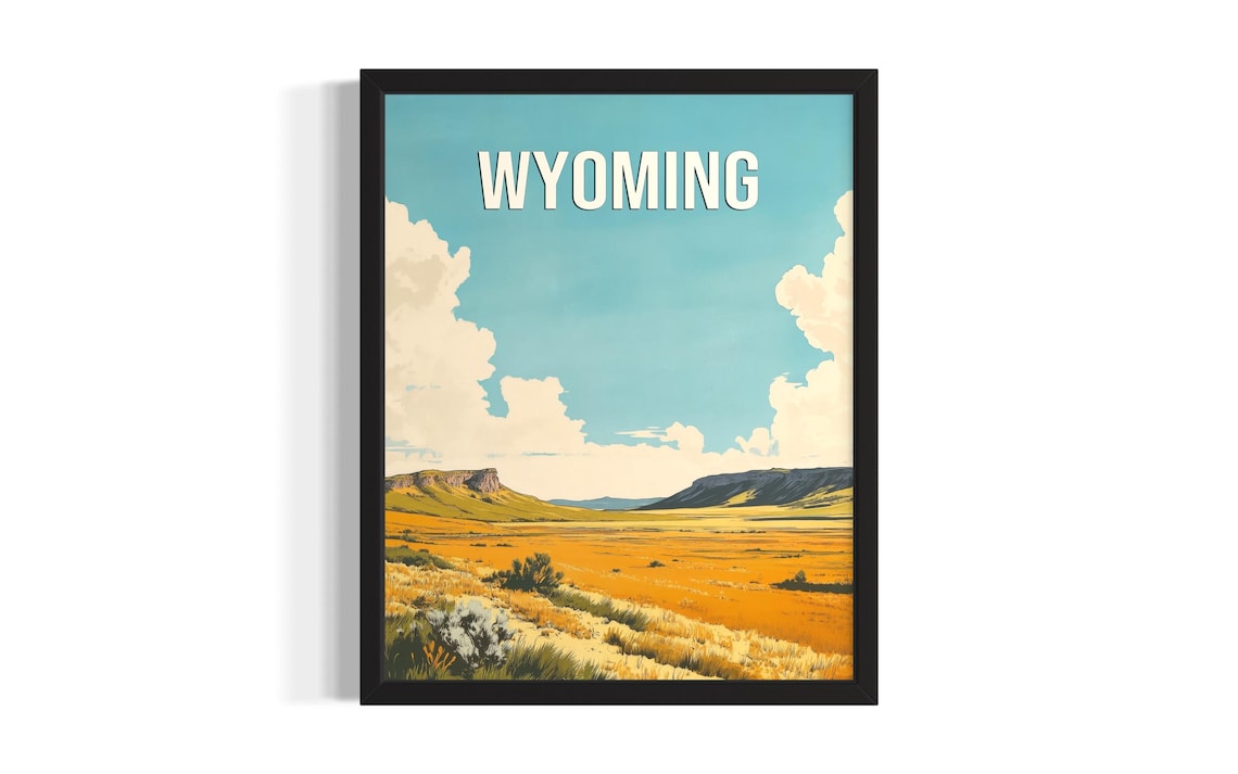 Wyoming Golden Prairie Badlands Vintage Sunset Travel Poster