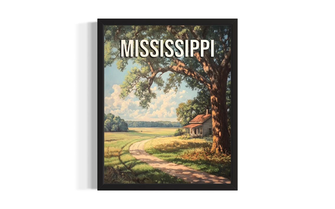 Mississippi Country Road Farmhouse Under Oak Tree Summer Travel Poster