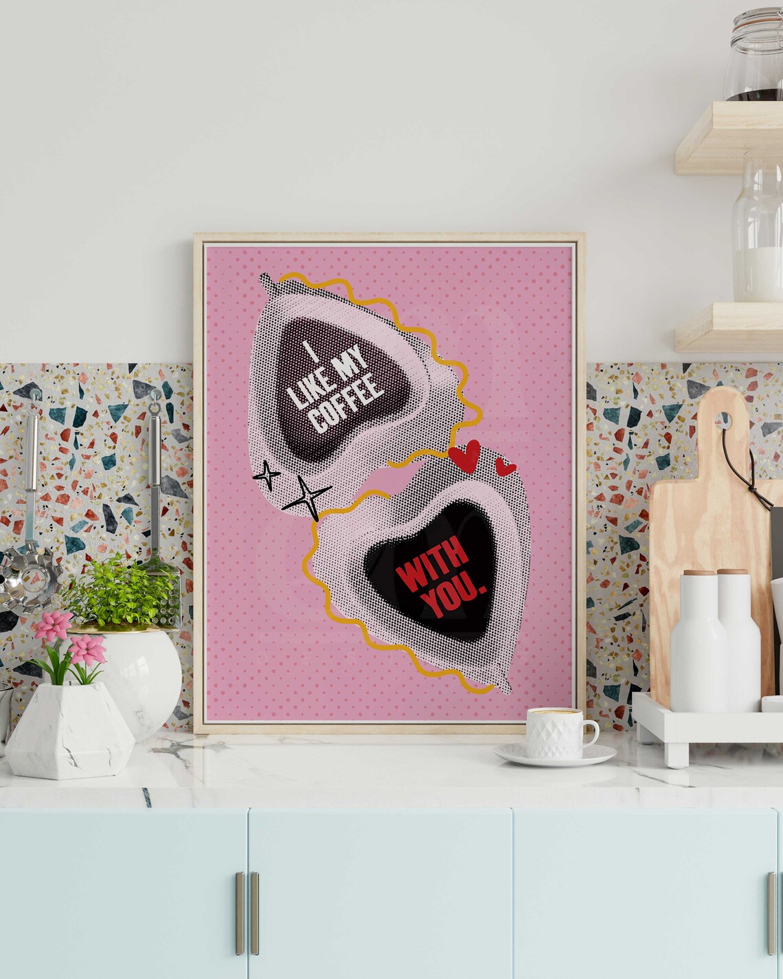 I Like My Coffee With You Pink Hearts Pop Art Couples Poster