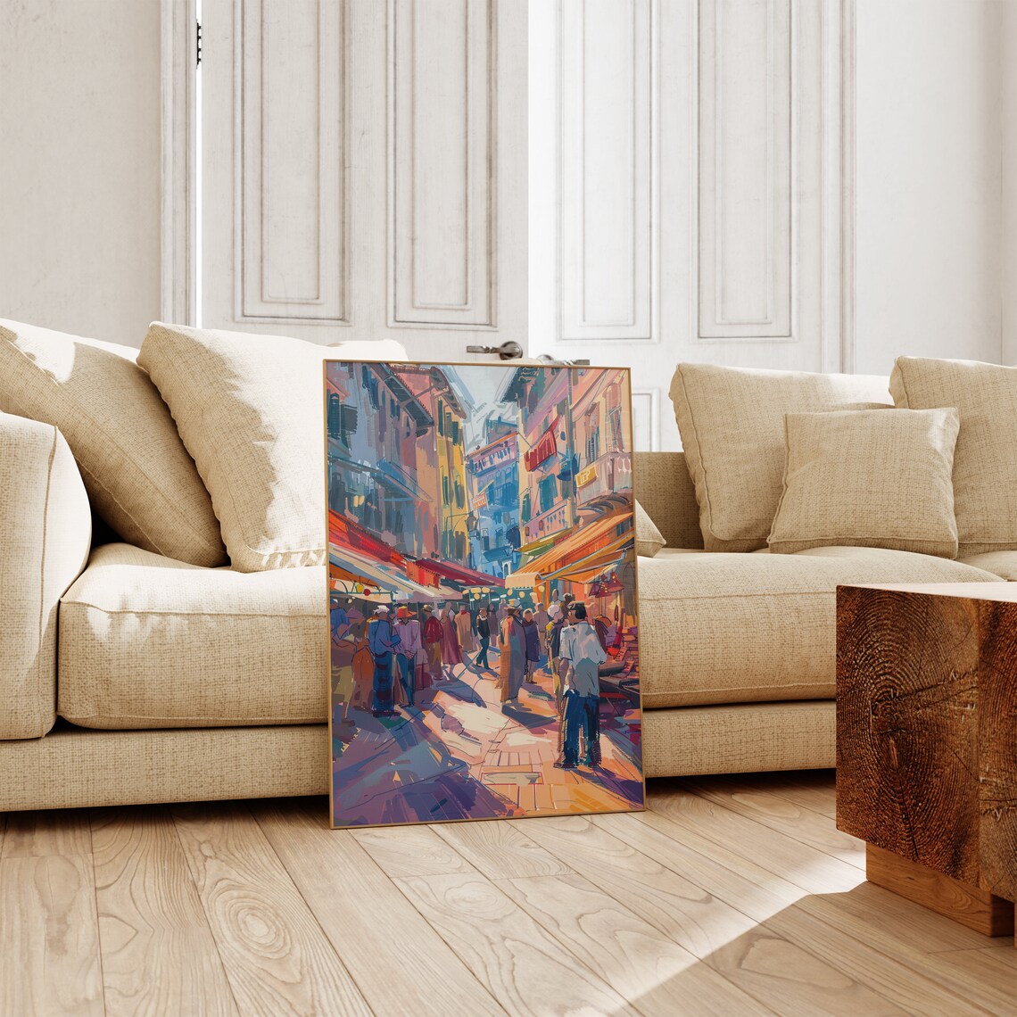 Busy Market Street with Stalls Colorful Impressionist Painting Poster - Image 2