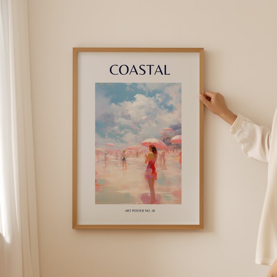 Coastal Woman Red Dress Pink Umbrella Beach Art Poster No. 28