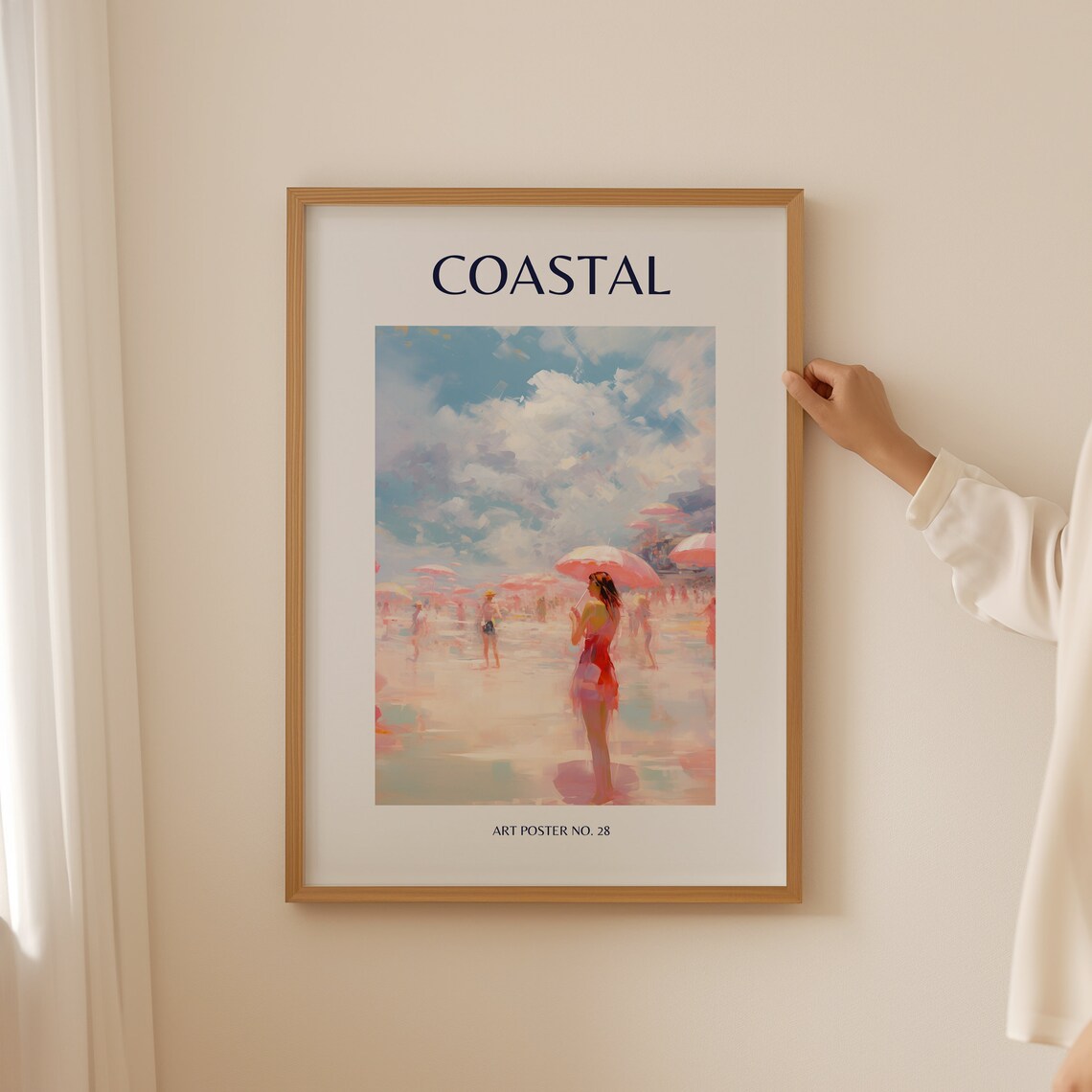 Coastal Woman Red Dress Pink Umbrella Beach Art Poster No. 28