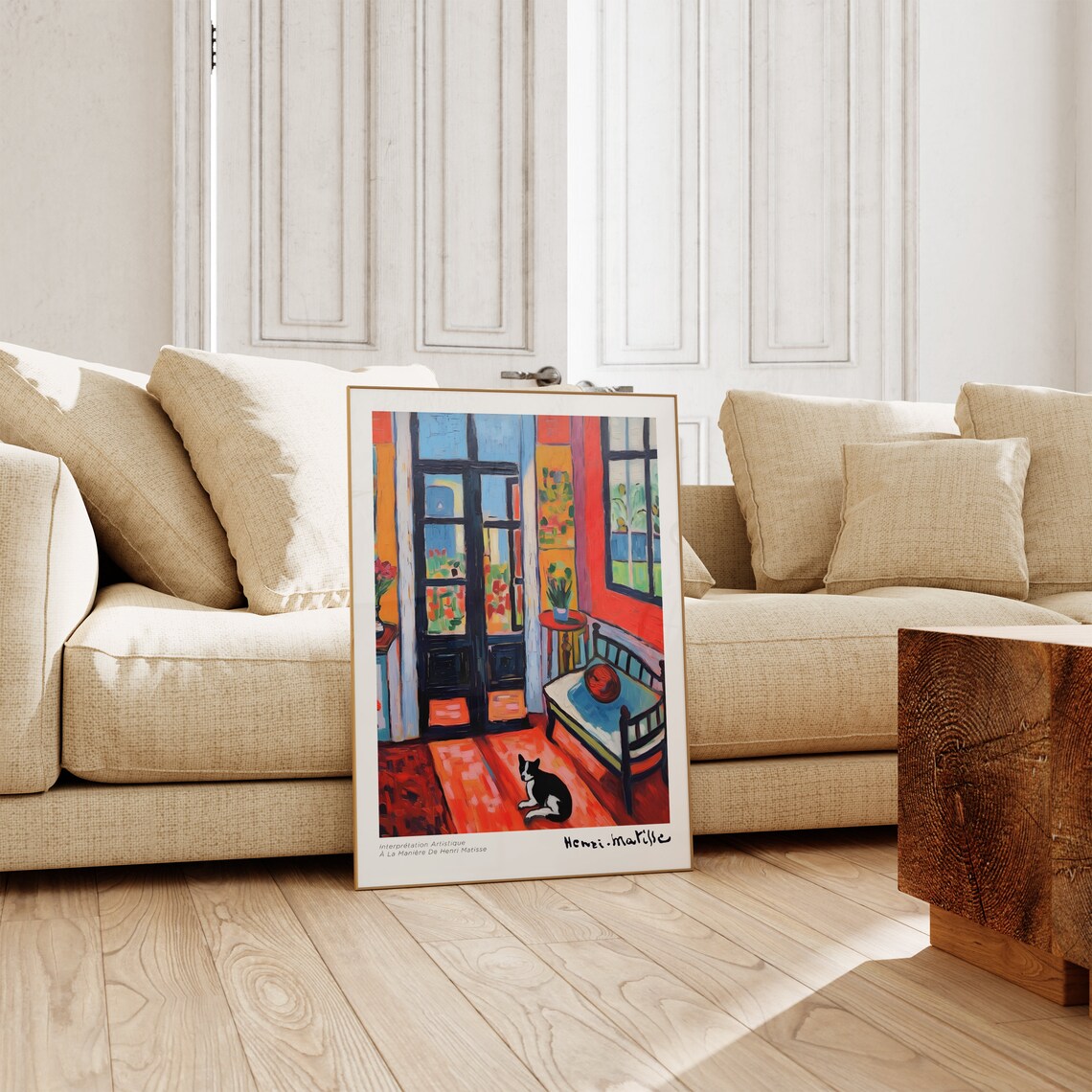 Matisse Style Red Interior with Black Cat French Doors Art Poster - Image 2