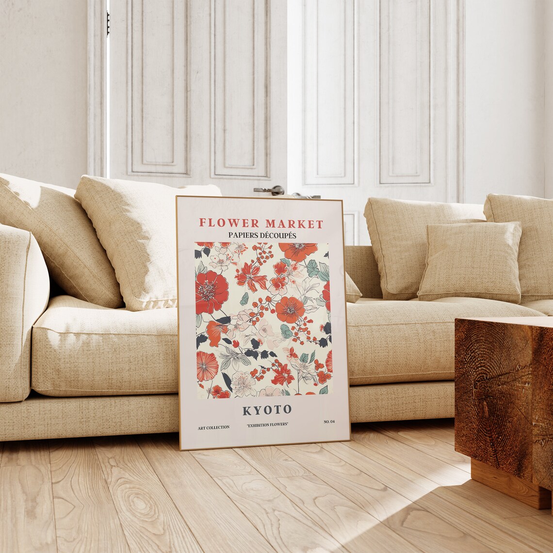 Flower Market Kyoto Red Orange Blossom Teal Accents Pattern Poster - Image 3