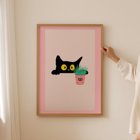 Funny Black Cat Peeking Pink Plant Pot Cute Humor Art Poster