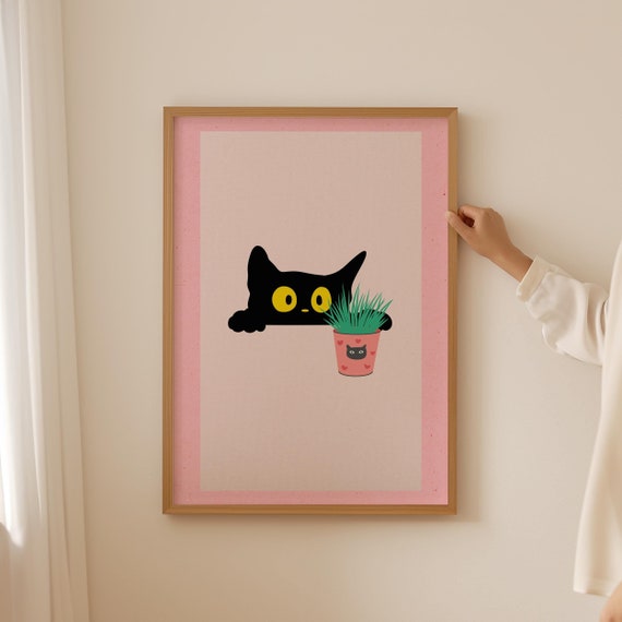 Funny Black Cat Posters Light Pink Wall Art Funny Cat Meme Minimalist Cat Portrait Nursery Prints Trendy Bedroom Decor Cat Mom Gift