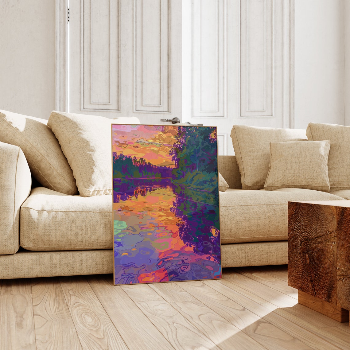 Vibrant Colorful Sunset Lake Abstract Water Reflection Art Poster - Image 2