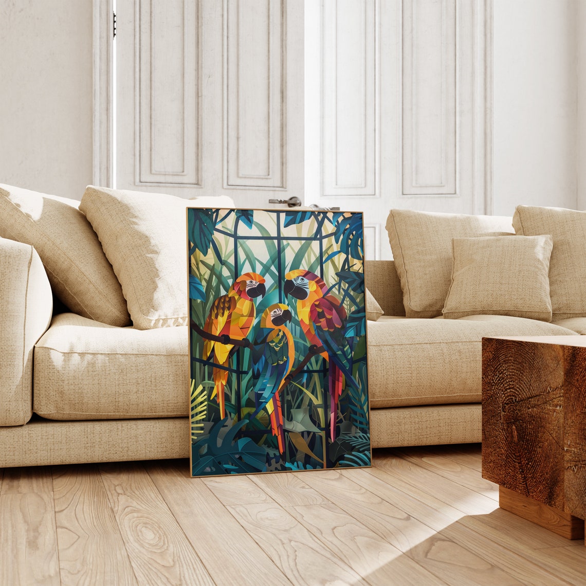 Three Geometric Macaw Parrots in Tropical Mosaic Style Art Poster - Image 2