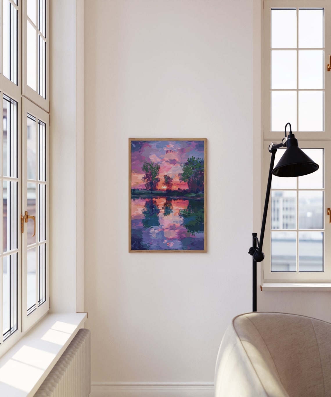 Purple Pink Sunset Lake Reflection Trees Serene Painting Poster - Image 5