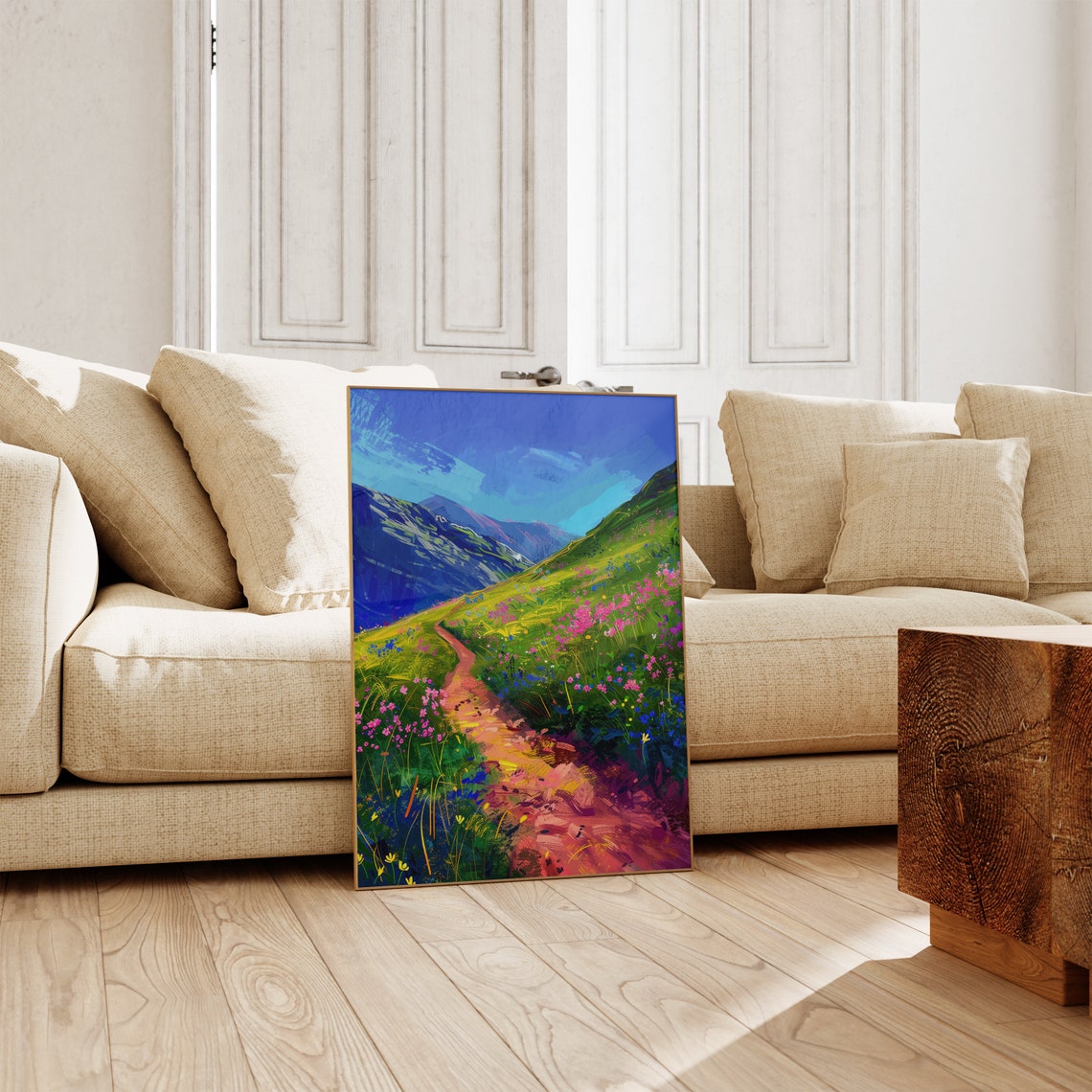 Mountain Valley Wildflower Trail Vibrant Blue Sky Landscape Poster - Image 2
