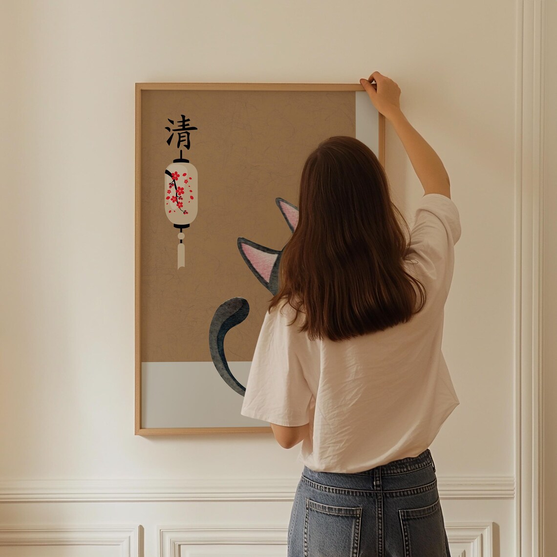 Cute Black Cat Japanese Paper Lantern Cherry Blossom Gift Poster - Image 3