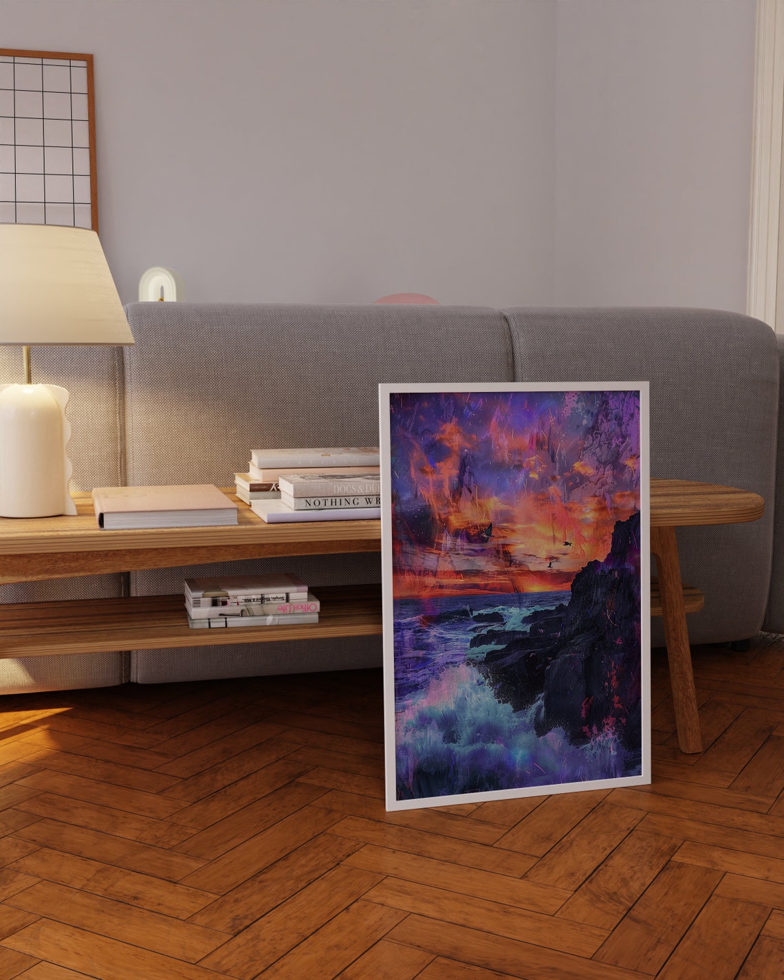 Sunset Ocean Cliffs Birds Purple Orange Dramatic Seascape Poster - Image 3