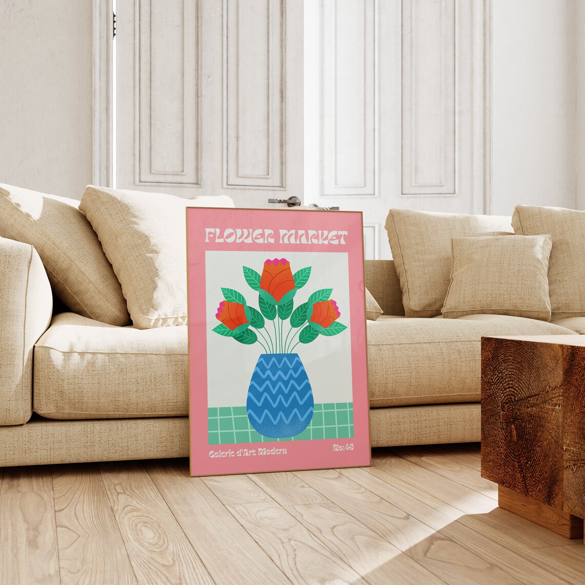 Flower Market No 46 Orange Red Tulip Buds Blue Vase Art Poster - Image 3