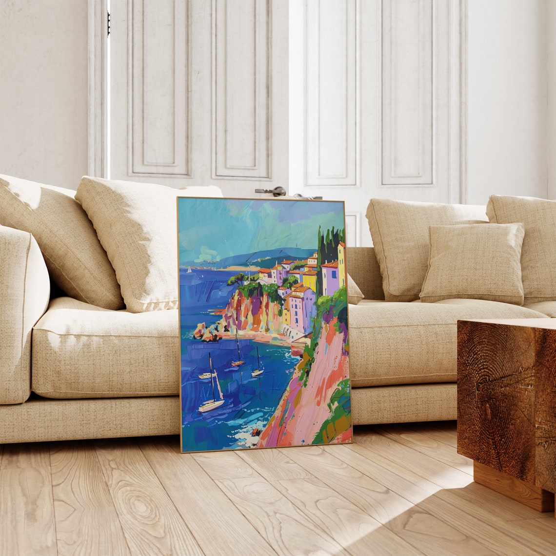 Mediterranean Coastal Cliff Village Sailboats Oil Painting Poster - Image 2