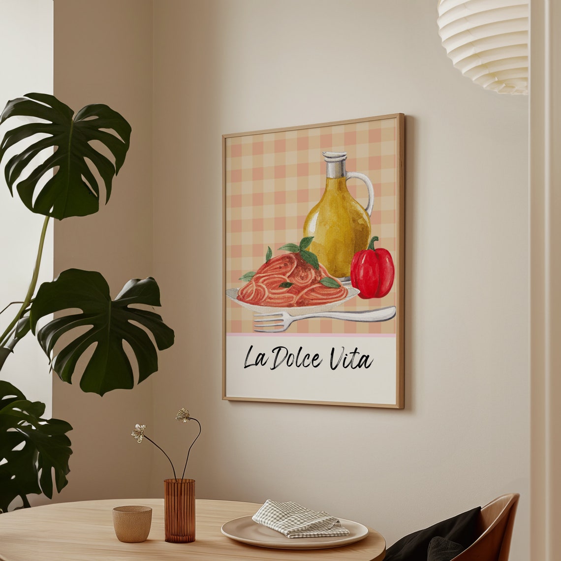 La Dolce Vita Spaghetti Olive Oil Pepper Gingham Kitchen Poster - Image 2