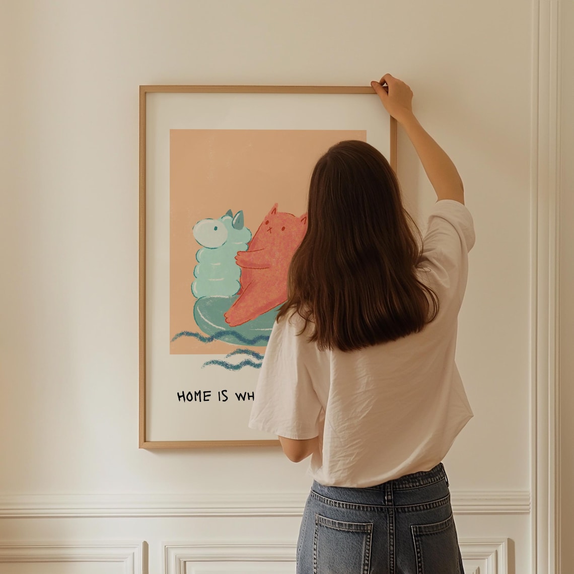 Home Is Where the Cat Is Whimsical Surfing Cat Peach Art Poster - Image 3