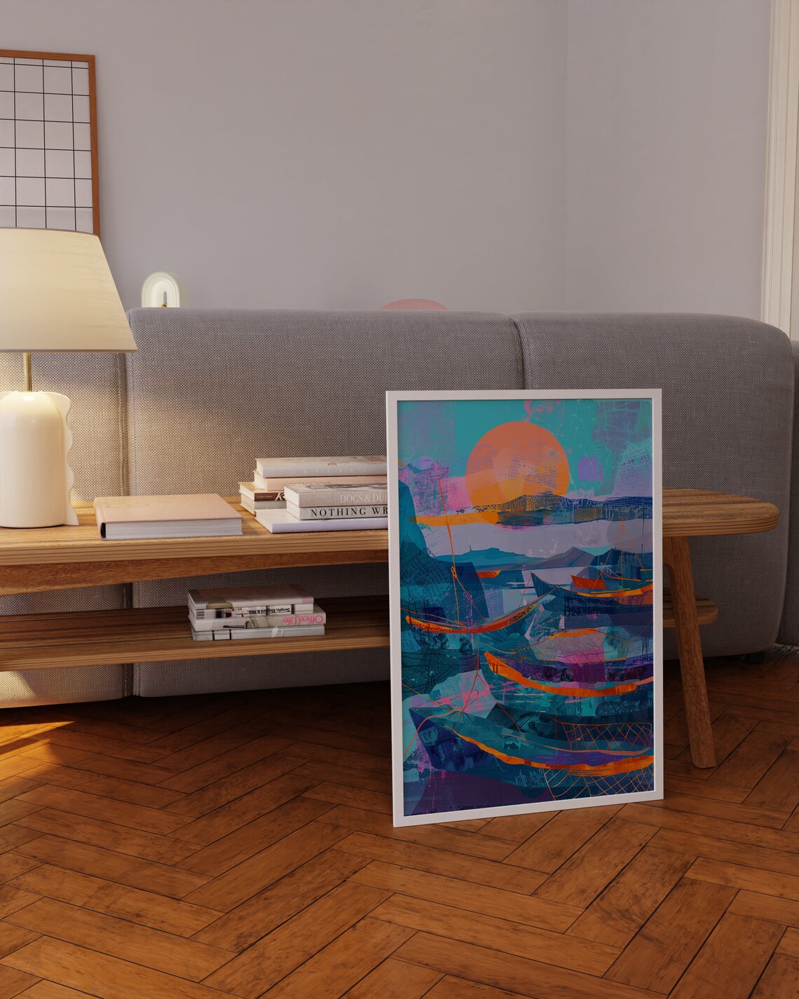 Abstract Fishing Boats Giant Orange Sun Geometric Sea Poster - Image 4