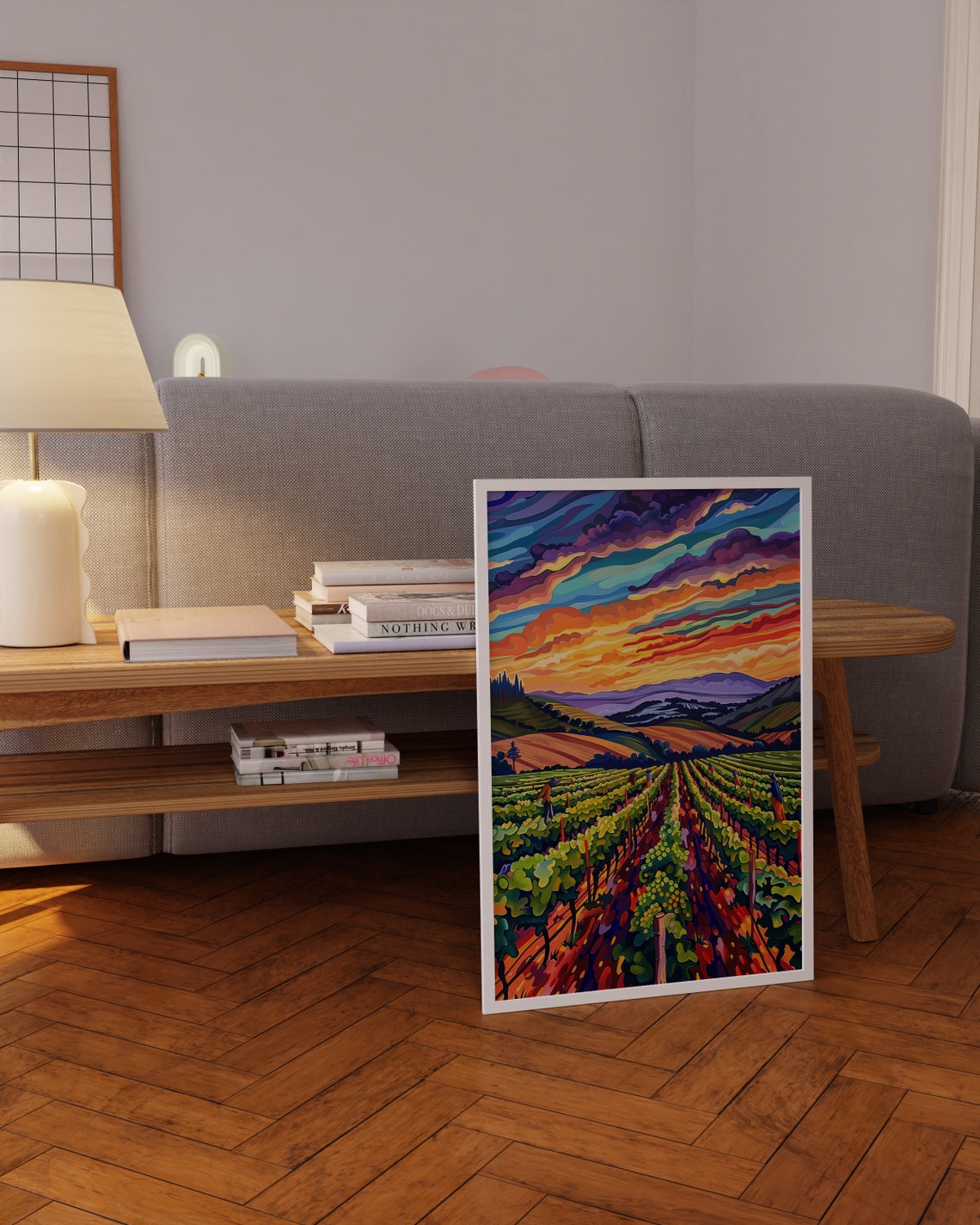 Vineyard Rows Dramatic Sunset Swirling Sky Rolling Hills Poster - Image 3