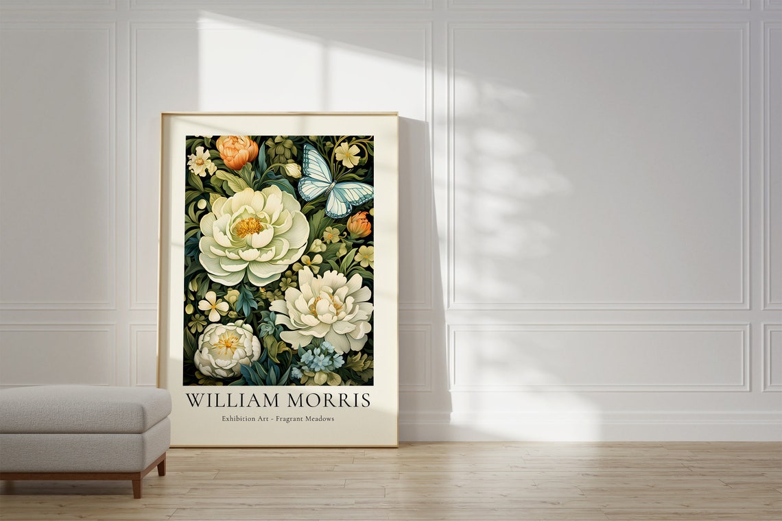 William Morris Fragrant Meadows White Peonies Butterfly Art Poster