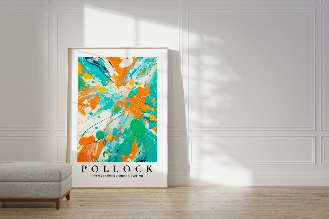 Pollock Teal Orange Splatter Expressive Expressionist Art Poster