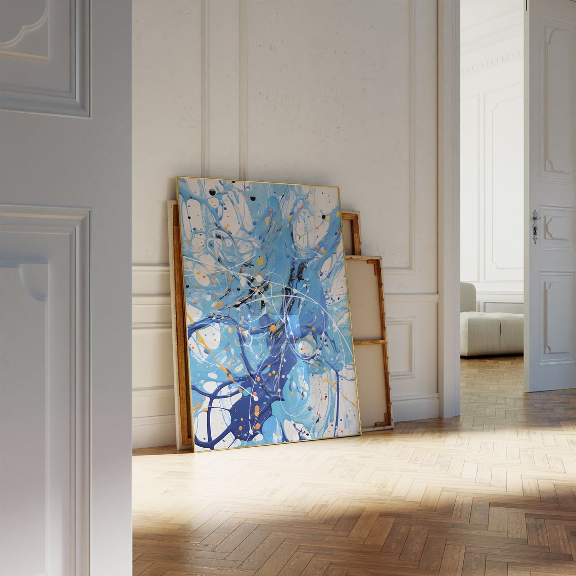 Blue White Orange Dynamic Paint Splatter Abstract Art Poster - Image 3