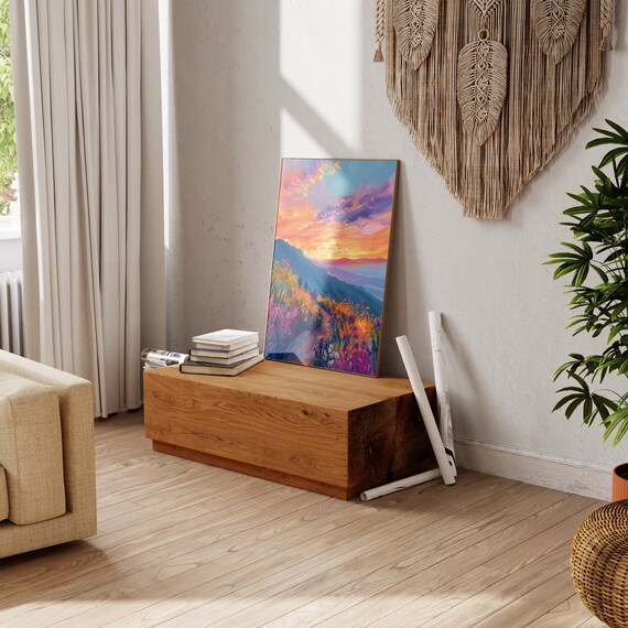 Sunset Mountain Meadow Wildflower Path Impressionist Art Poster