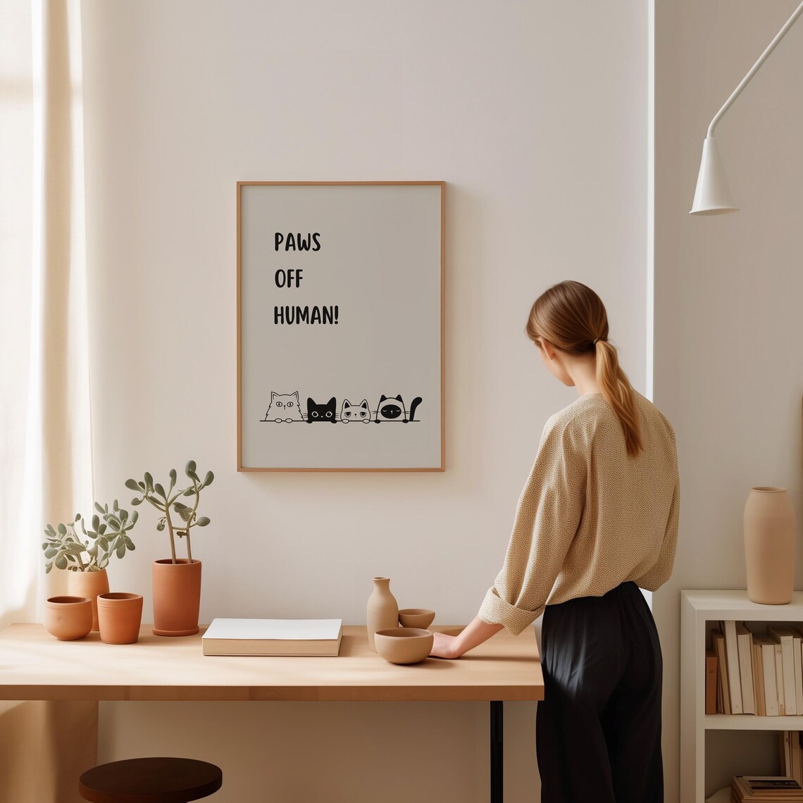 Paws Off Human Four Peeking Cats Funny Cartoon Quote Art Poster - Image 2