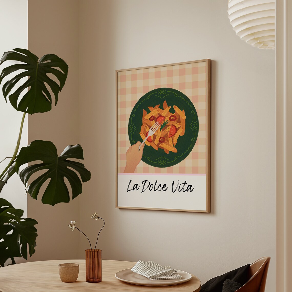 La Dolce Vita Penne Pasta Tomato Gingham Italian Kitchen Art Poster - Image 2