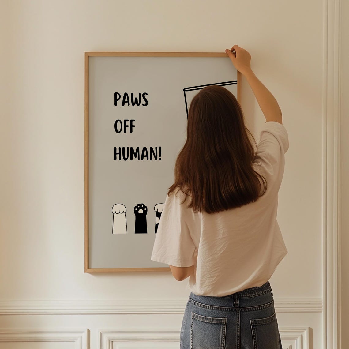 Paws Off Human Funny Dangling Cat Paws Minimalist Line Poster - Image 3