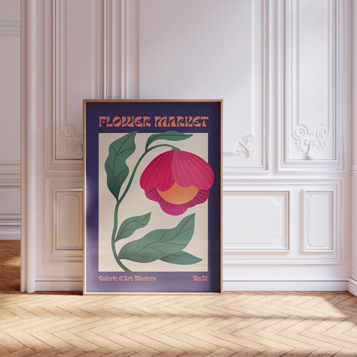 Flower Market No 31 Pink Lantern Bloom Navy Retro Floral Poster - Image 5