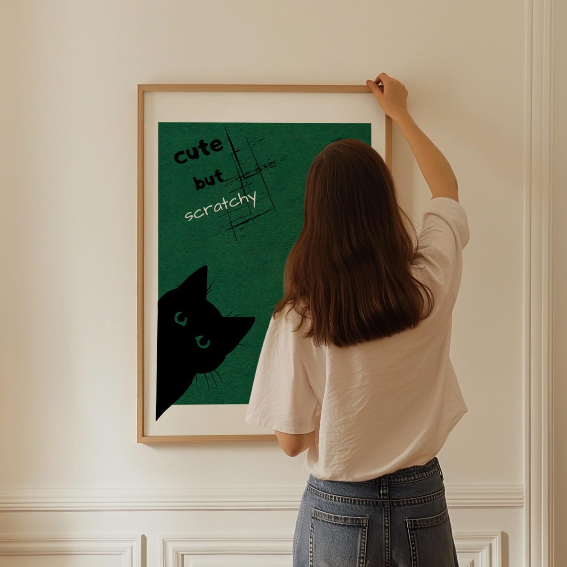 Cute but Scratchy Black Cat Face on Deep Green Scratch Poster - Image 3