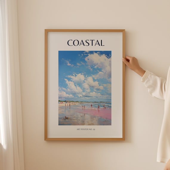 Coastal Blue Sky Pink Shoreline Swimmers View Art Poster No. 19