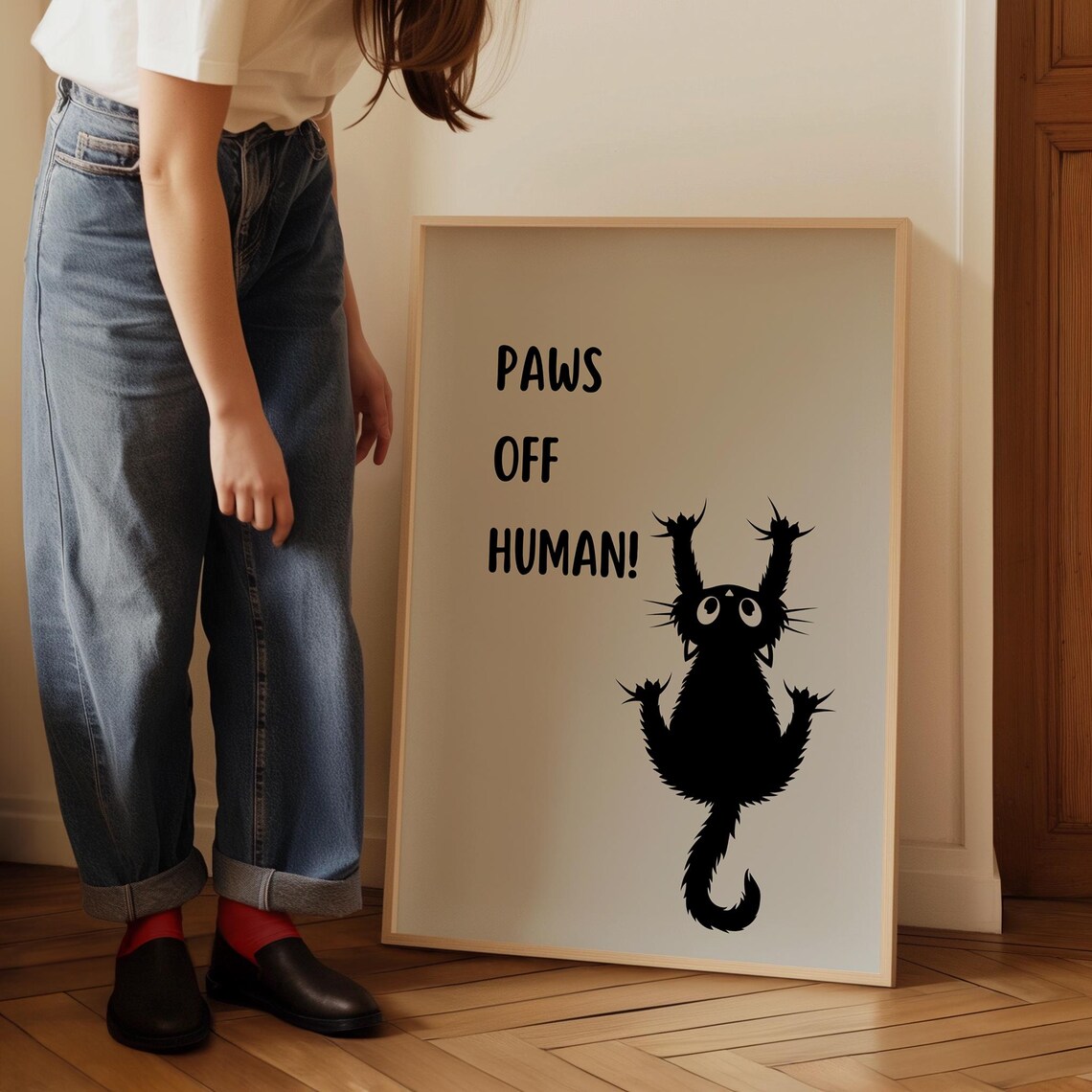 Paws Off Human Funny Black Cat Clinging with Paws Up Art Poster - Image 5