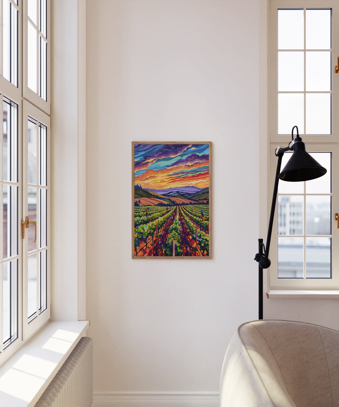 Vineyard Rows Dramatic Sunset Swirling Sky Rolling Hills Poster - Image 4