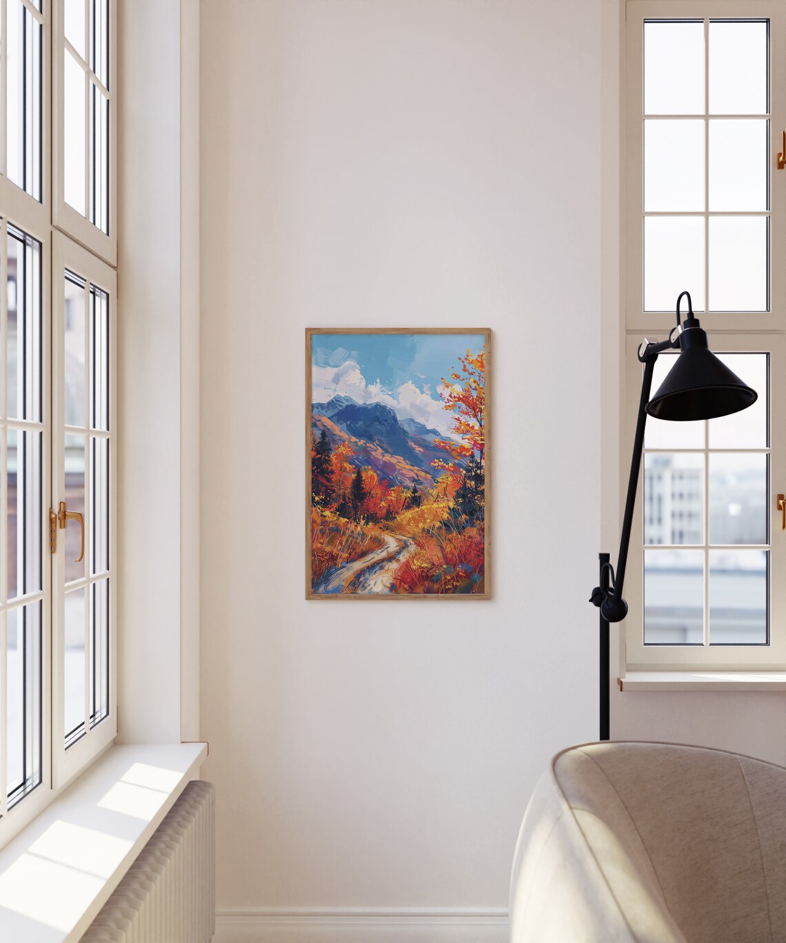 Autumn Valley Path Fiery Orange Trees Blue Mountain Art Poster - Image 5