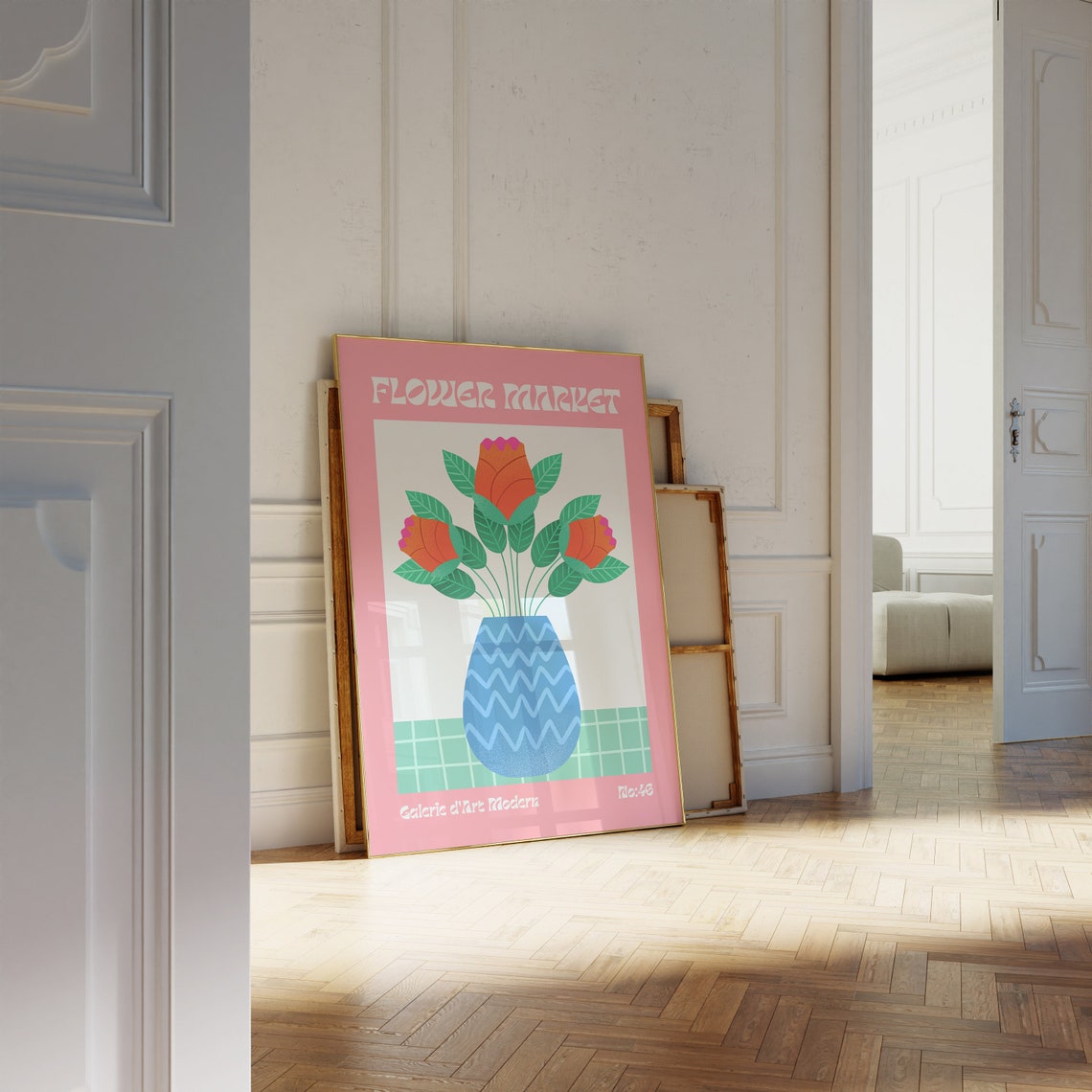 Flower Market No 46 Orange Red Tulip Buds Blue Vase Art Poster - Image 2
