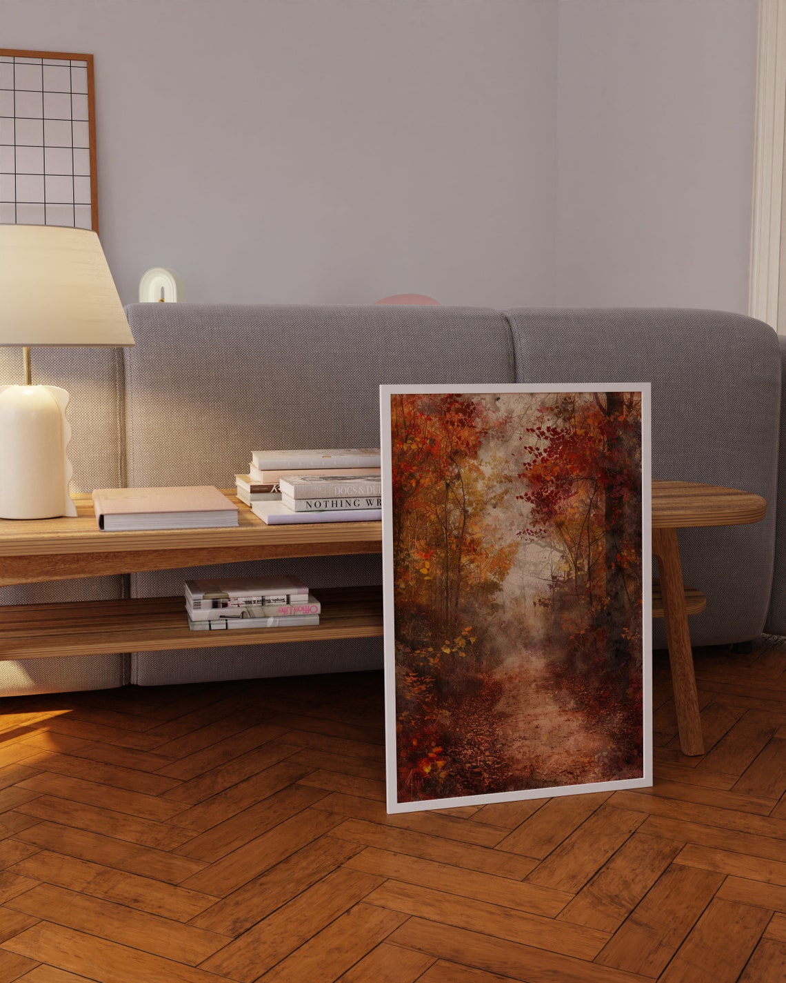 Misty Autumn Forest Path Golden Falling Leaves Painting Poster - Image 3