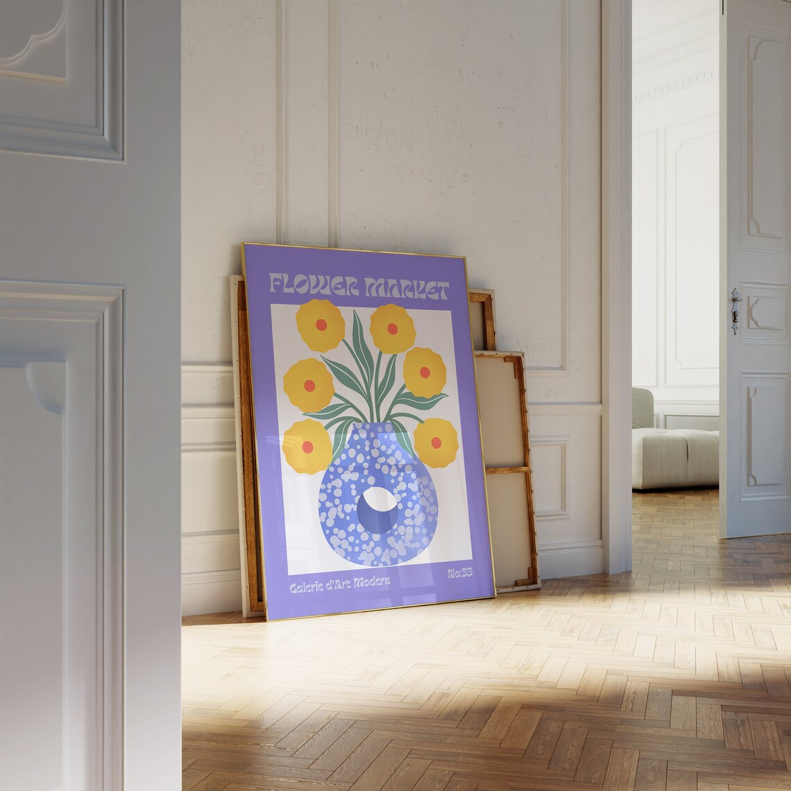 Flower Market No 35 Yellow Blooms in Blue Dotted Vase Art Poster - Image 2